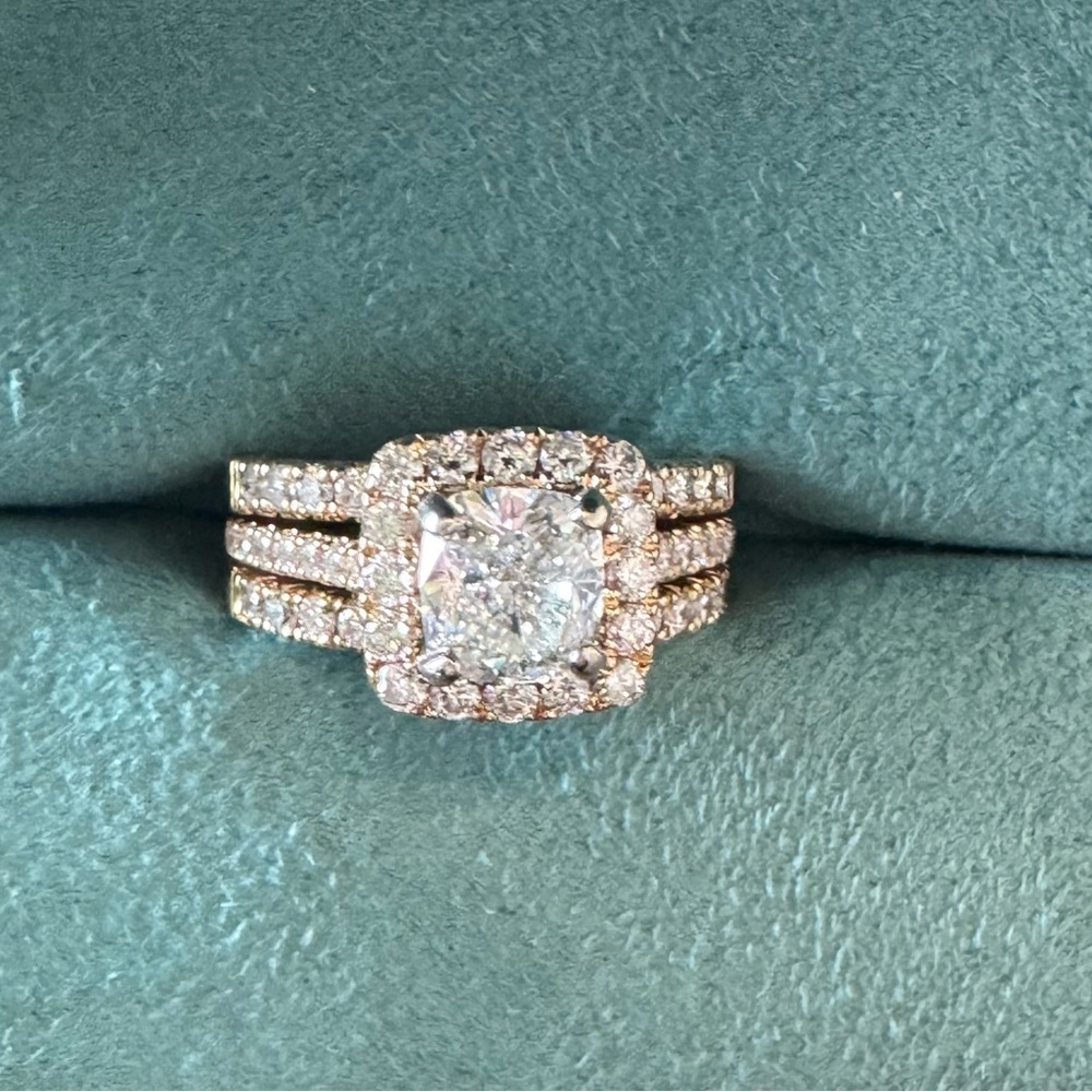 3-piece 14 kt. Yellow Gold Halo Wedding Set w/Cushion Center Diamond Ring. Sz 7
